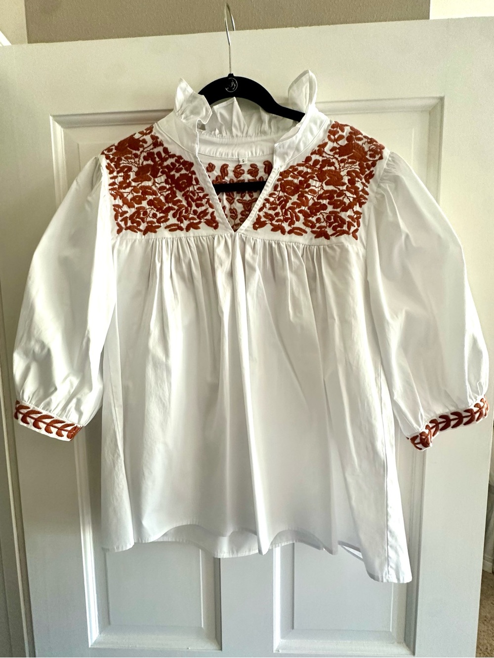 White Tunic Blouse with Rust Embroidery